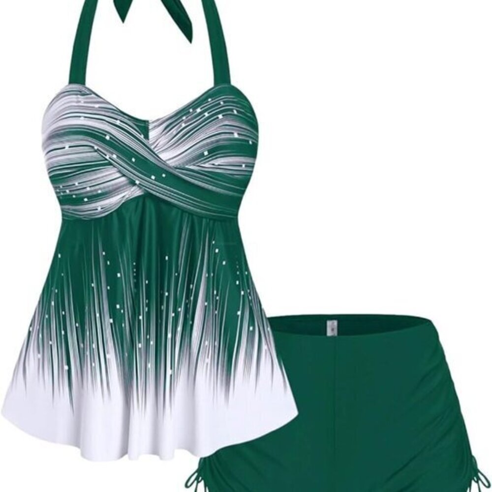 ROSE GAL Halter Tankini Set Green White Boy Shorts Size 2X NWT #2259
